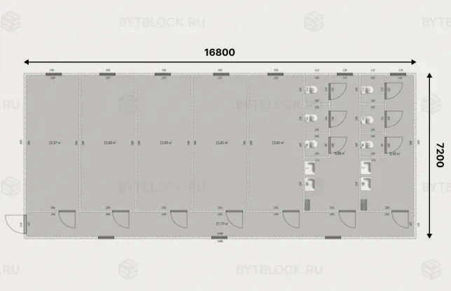 Модульное здание МЗ-01 из 7 блок-контейнеров с санузлами